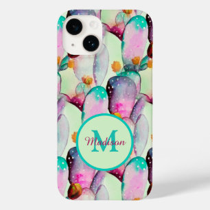 Vattenfärg Prickly Pear Kaktus Blommor Monogram