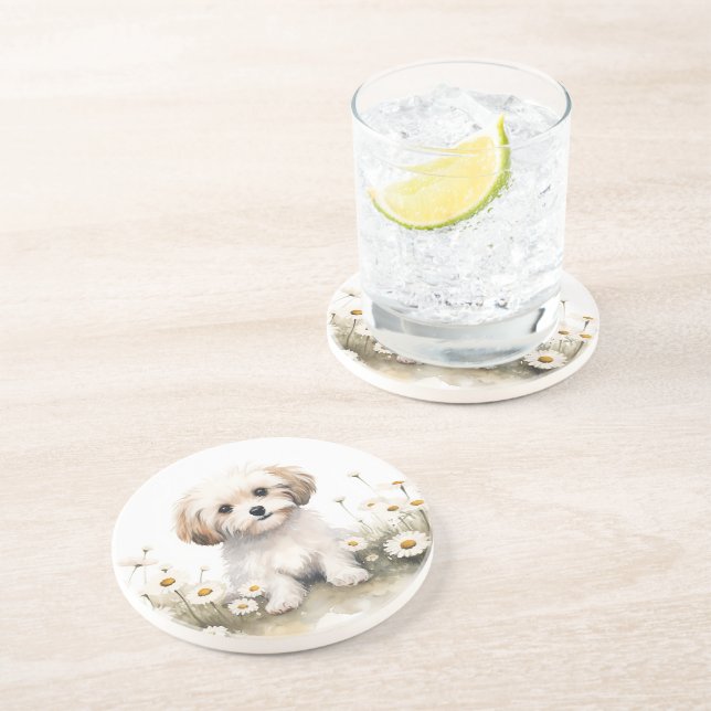 Vattenfärg Pudel i Daisy Underlägg (Sidan)