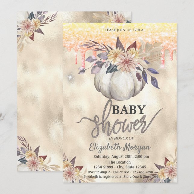 Vattenfärg Pumpa Glitterdroppar Baby Shower Inbjudningar (Fram/baksida)