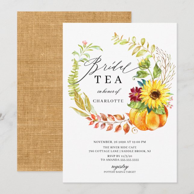 Vattenfärg Pumpkin Autumn WAN Möhippa Tea Inbjudningar (Fram/baksida)