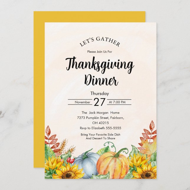 Vattenfärg Pumpkin Sunwers Thanksgiving Dinner Inbjudningar (Fram/baksida)