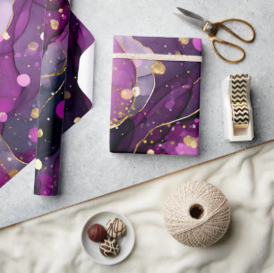 Vattenfärg Purpur och Guld Glitter Alkoholbläck Presentpapper