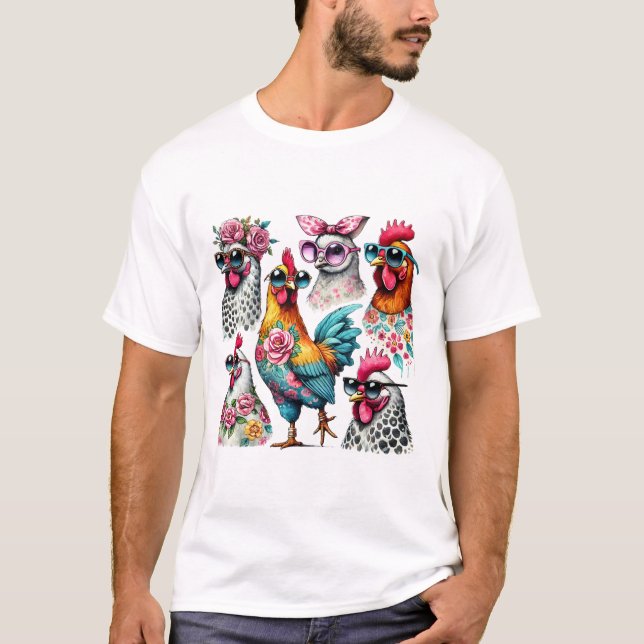 Vattenfärg Quirky Chickens med solglasögon T Shirt (Framsida)