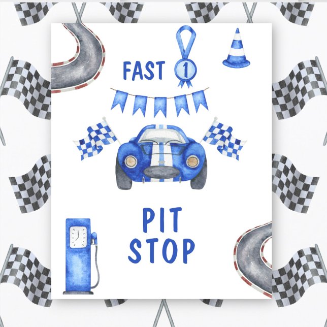 Vattenfärg Racerbils Första Födelsedag PIT STOP Poster (Skapare uppladdad)