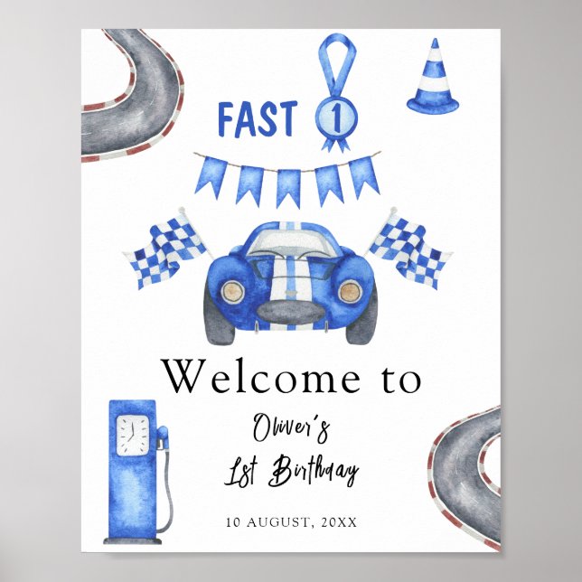 Vattenfärg Racerbils Första Födelsedagsfest Välkom Poster (Framsidan)