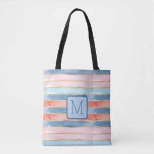 Vattenfärg Ränder Blått Färgbalks Monogram Tygkasse