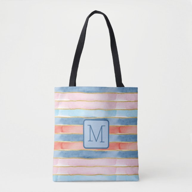 Vattenfärg Ränder Blått Färgbalks Monogram Tygkasse (Framsida)