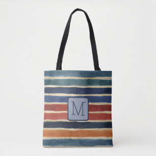 Vattenfärg Ränder Navy Färgblock Monogram Tygkasse