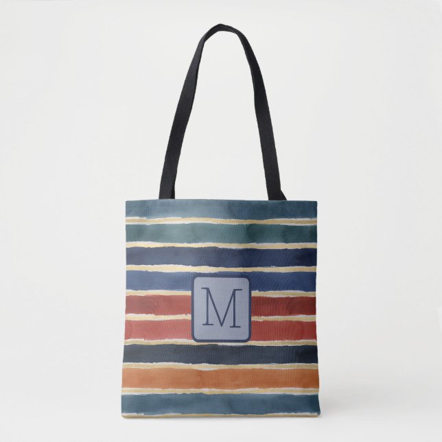 Vattenfärg Ränder Navy Färgblock Monogram Tygkasse (Framsida)