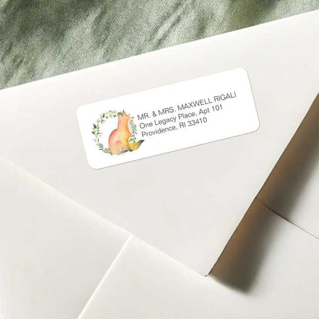 Vattenfärg Räv Jul Returadress Etiketter (Return address labels watercolor fox and Christmas wreath art Victoria Grigaliunas Do Tell A Belle)