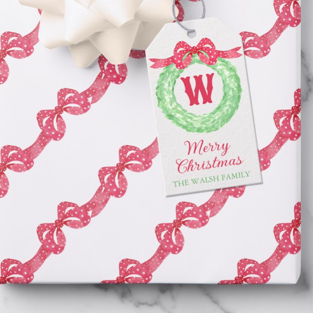 Vattenfärg Red Polka Dot Bow Monogram Wandeans Presentetikett (Skapare uppladdad)