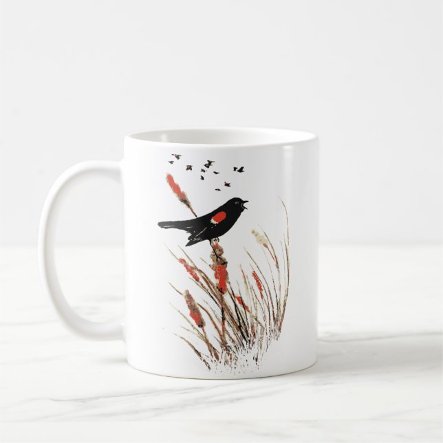 Vattenfärg Red Winged Blackbird Bird Art Kaffemugg (Vänster)
