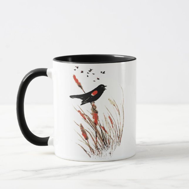 Vattenfärg Red Winged Blackbird Bird Art Mugg (Vänster)