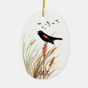 Vattenfärg Red-Winged Blackbird - fågelinsamling Julgransprydnad Keramik
