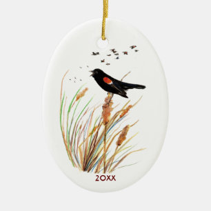 Vattenfärg Red-Winged Blackbird - fågelinsamling Julgransprydnad Keramik