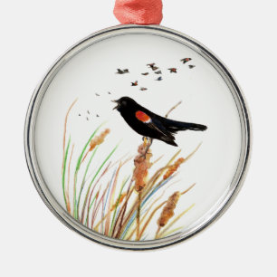 Vattenfärg Red-Winged Blackbird - fågelinsamling Julgransprydnad Metall