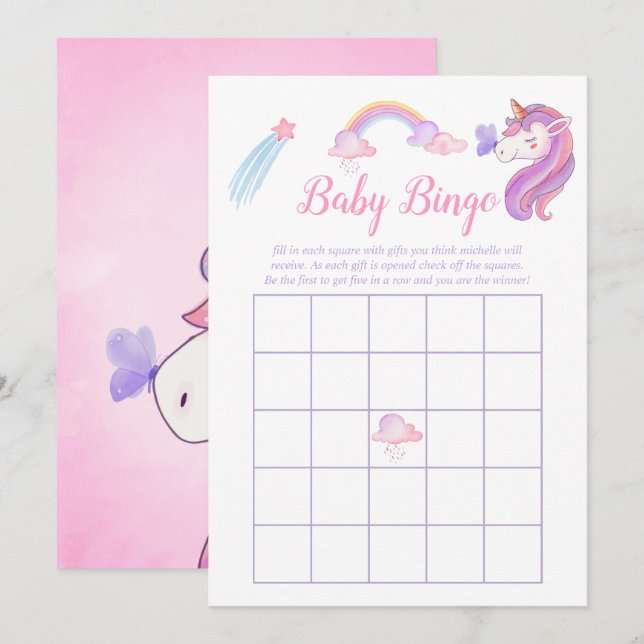 Vattenfärg Regnbåge Enhörning Babyflicka Shower Bi Inbjudningar (Fram/baksida)