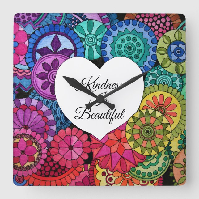 Vattenfärg regnbåge Mandala med hjärta Fyrkantig Klocka (Framsida)