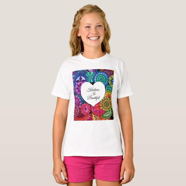Vattenfärg regnbåge Mandala med hjärta T Shirt (Hel framsida)