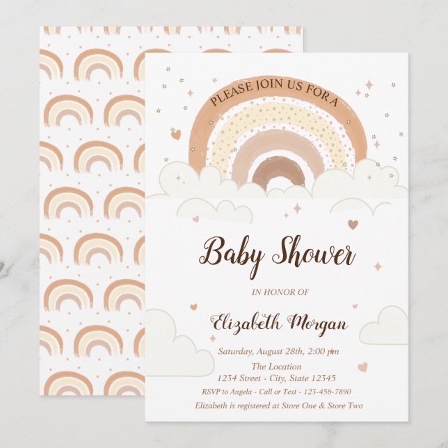 Vattenfärg Regnbåge Moln Hjärtan Baby Shower  Inbjudningar (Fram/baksida)