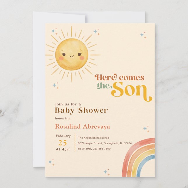 Vattenfärg Regnbåge Retro Baby Shower Inbjudningar (Framsida)
