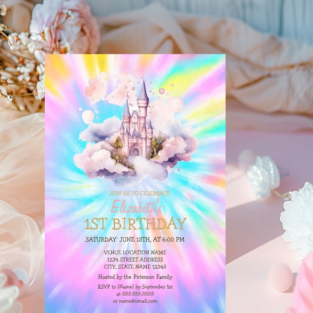 Vattenfärg Regnbåge Tie Dye Slott Födelsedag   Inbjudningar (Skapare uppladdad)