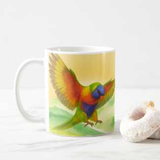 Vattenfärg Regnbågslorikit med solnedgångsstil Kaffemugg