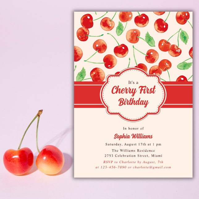 Vattenfärg Retro Red Cherry Första födelsedag Inbjudningar (Skapare uppladdad)