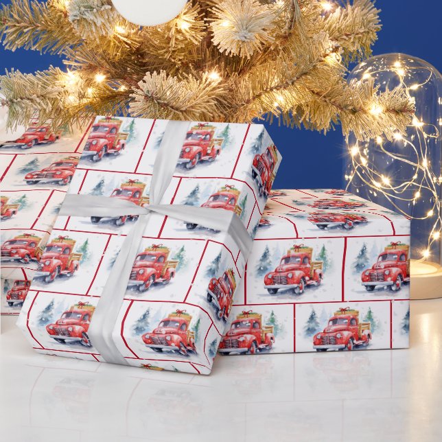 Vattenfärg Retro Red Lastbil i Snöflingor Presentpapper (Helgdagar)