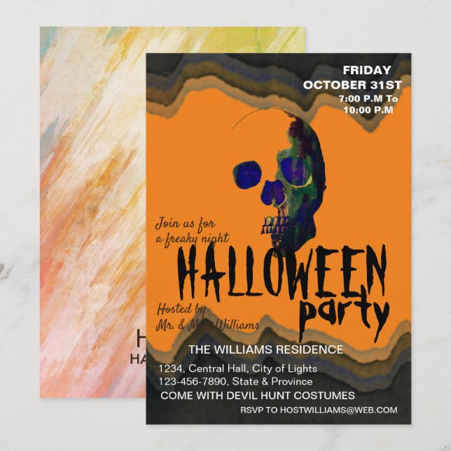 Vattenfärg Retro Skull Skeleton Halloween Art Inbjudningar (Fram/baksida)