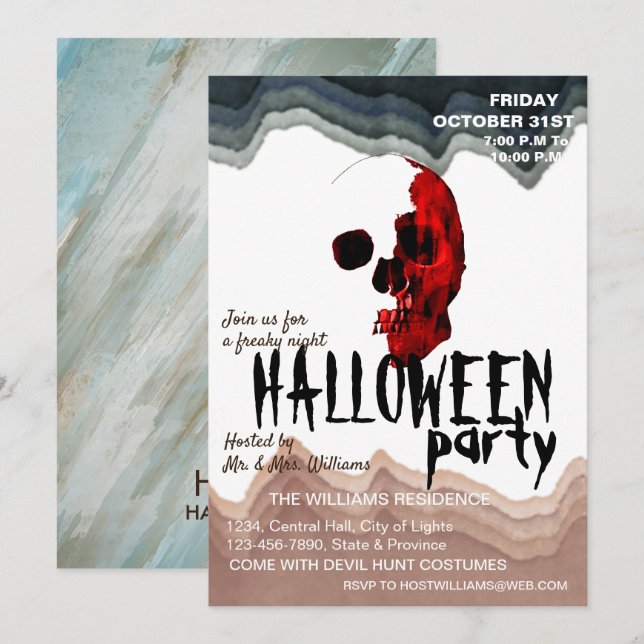 Vattenfärg Retro Skull Skeleton Halloween Art Inbjudningar (Fram/baksida)