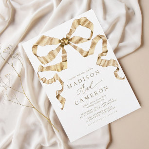 Vattenfärg Ribbon Bow Guld och White Bröllop Inbjudningar