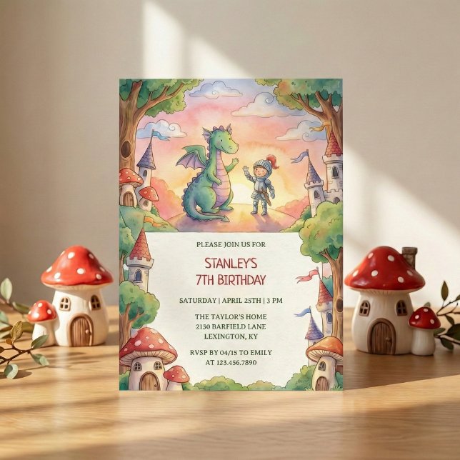 Vattenfärg Riddare Drak Saga Födelsedagsfest Inbjudningar (Watercolor Knight Dragon Fairytale Birthday Party Invitation)