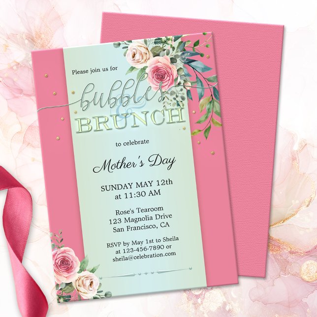 Vattenfärg  Ro Bubbles och Brunch Inbjudningar (Elegant Mother's Day bubbles & brunch invitation featuring watercolor blush pink roses on pastel)