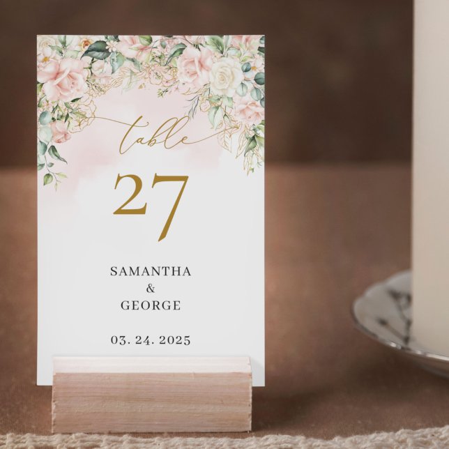 Vattenfärg  ro eucalyptus guld bröllop bordsnummer (Modern Boho blush floral gold  and eucalyptus wedding table number card)