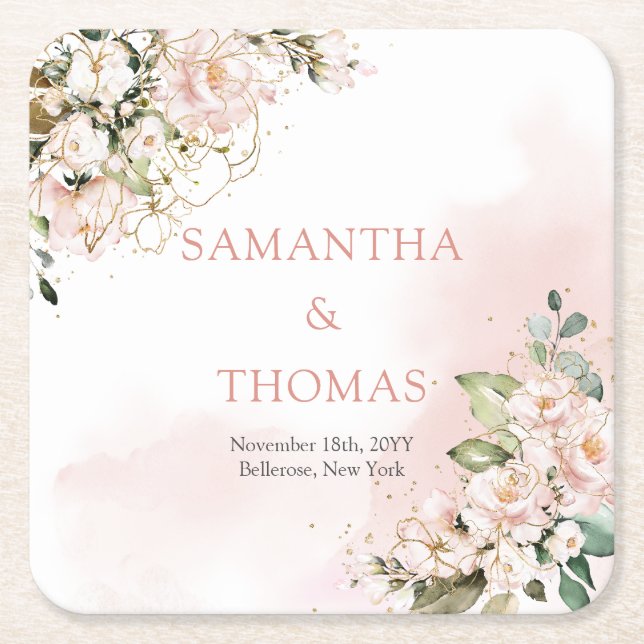 Vattenfärg  ro eucalyptus guld bröllop underlägg papper kvadrat (Framsidan)