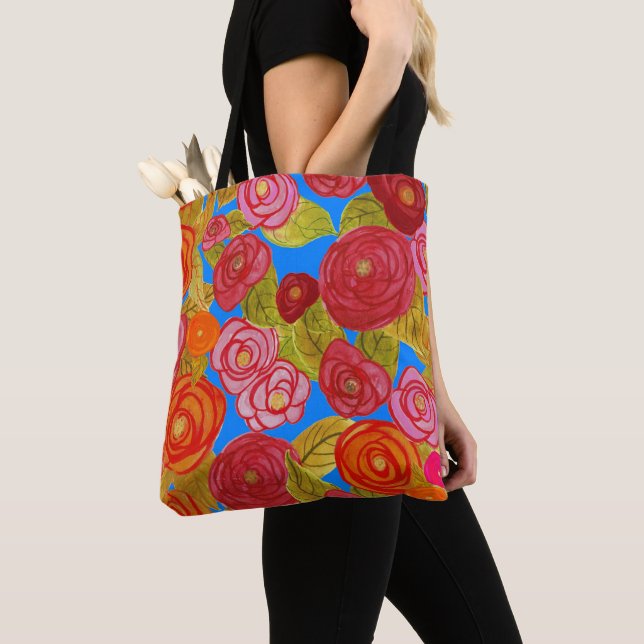 Vattenfärg Ro Garden Flowers On Aqua Tote Tygkasse (Närbild)