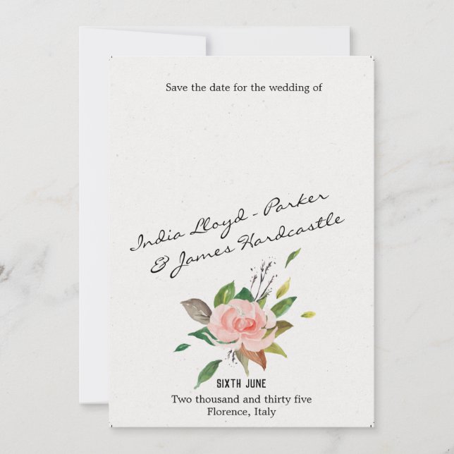 Vattenfärg Ro och bladfärg blommigt bröllop Spara Datumet (Framsida)