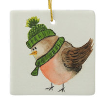 Vattenfärg Robin i Grönt Scarf och Hat