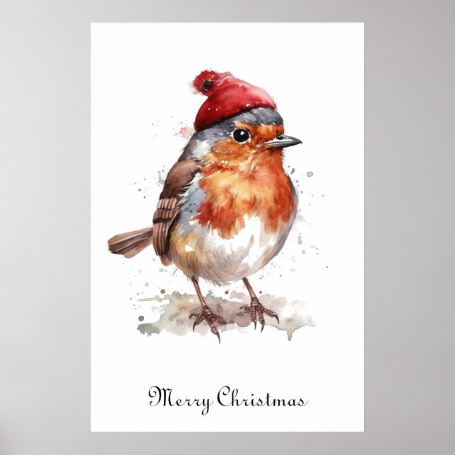 Vattenfärg Robin Jul Vägg Dekoration Poster (Framsidan)
