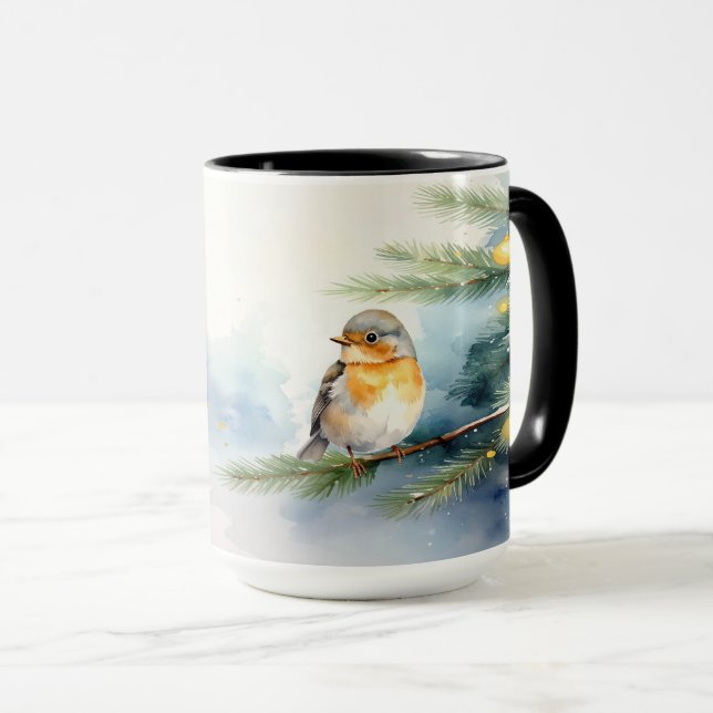 Vattenfärg Robin på en tallgren Julmugg Mugg (Framsida höger)