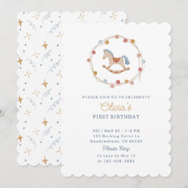 Vattenfärg, rockande häst, pom-pommar, födelsedags inbjudningar