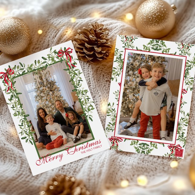 Vattenfärg Röd Båge Mistel Krans Foto Julkort (Skapare uppladdad)