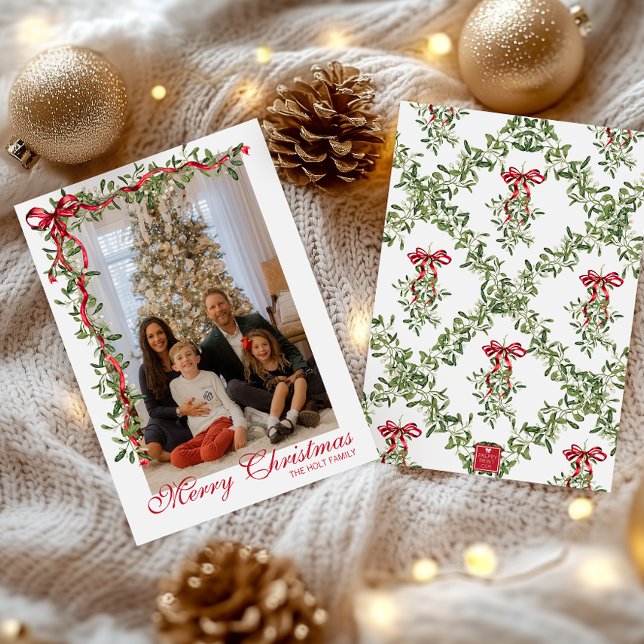 Vattenfärg Röd Båge Mistel Krans Foto Julkort (Skapare uppladdad)