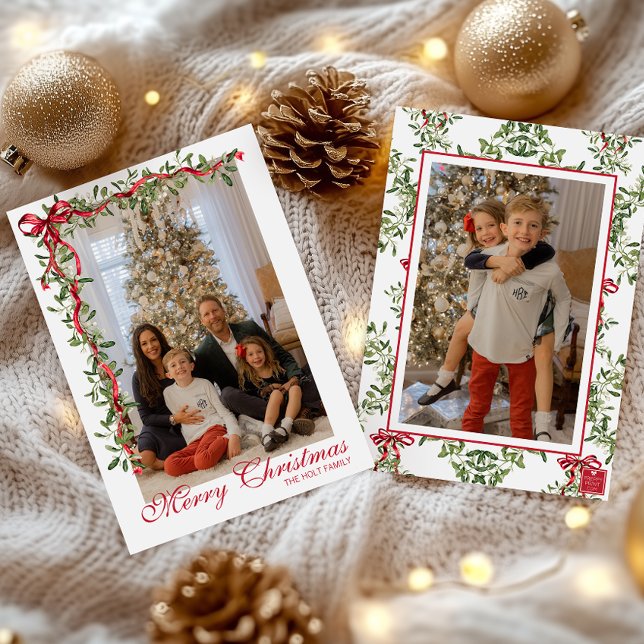 Vattenfärg Röd Båge Misteltoe Girlang Foto Julkort (Skapare uppladdad)