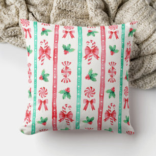 Vattenfärg Röd + Grönt Rand Candy cane Kudde