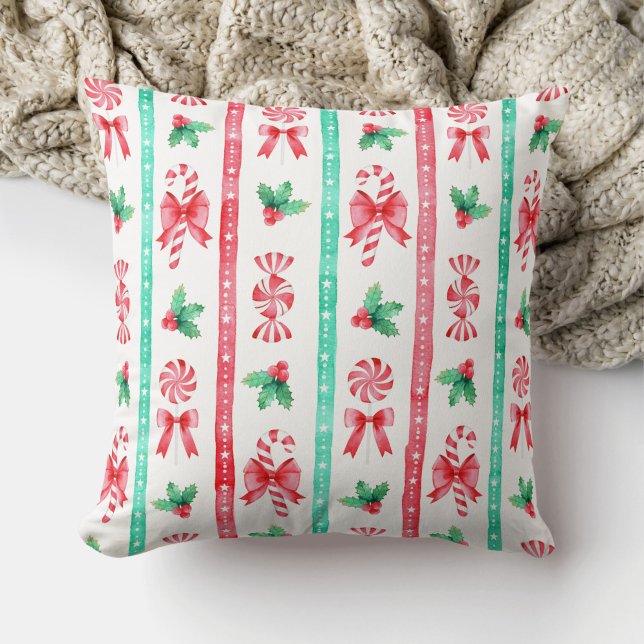 Vattenfärg Röd + Grönt Rand Candy cane Kudde (Watercolor Red + Green Stripes and Christmas Candy Throw Pillow)