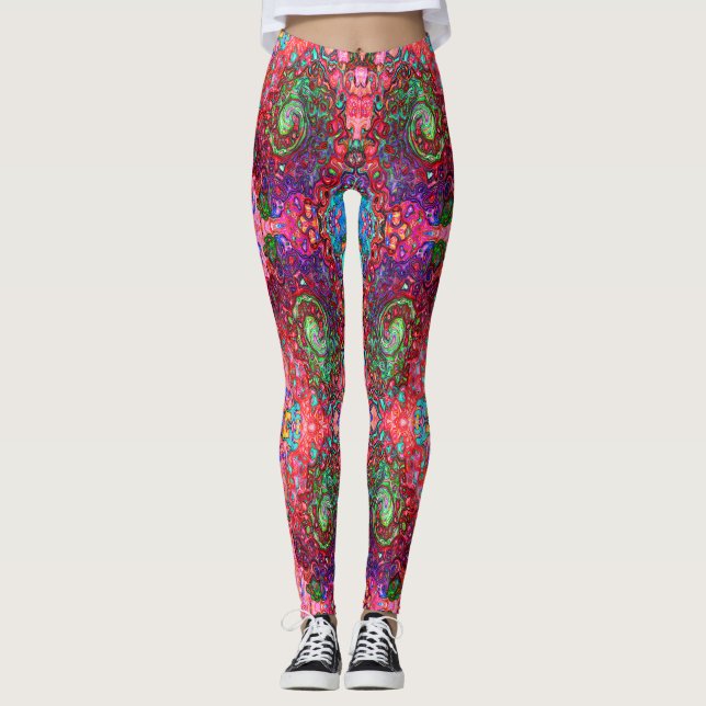 Vattenfärg Röd Groovy Abstrakt Retro Flytande Virv Leggings (Framsida)
