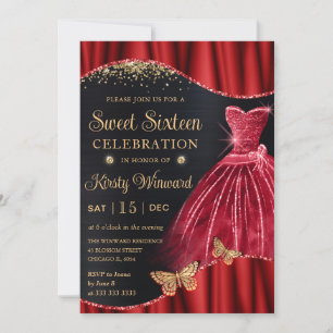 Vattenfärg Röd & Guld Glitter Klänning Sweet Sixte Inbjudningar
