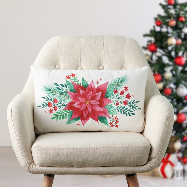Vattenfärg Röd jul Poinsettia Flower Lumbarkudde (Watercolor Christmas Poinsettia Flower Lumbar Pillow)